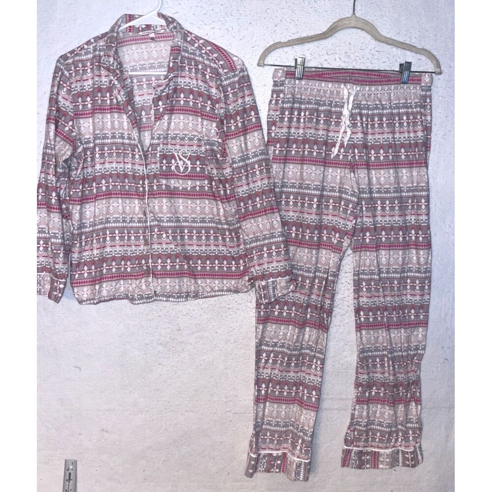 Victoria Secret Pajama Set XS Lightweight Flannel Cotton Gray Pink Fair Isle
